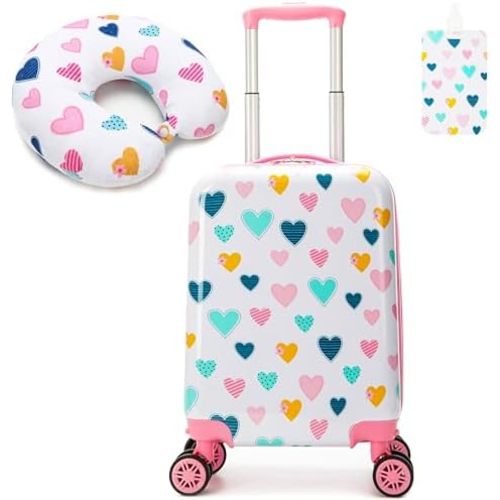 Esteemly Kid's Luggage Set 2 Piece Suitcase Set Hardside Luggage with Spinner Wheels Girls Carry on Toddler Travel Rolling Suitcase with Neck Pillow Airline Approved