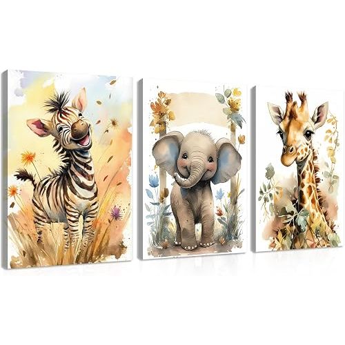 Woodland Animal Wall Art Set of 3, Wild Animals Nursery Picture Wall Decor Canvas, Cute Giraffe Elephant Zebra Watercolor Poster Print Artwork for Boys Girls Room Decoration – 12x16 inch