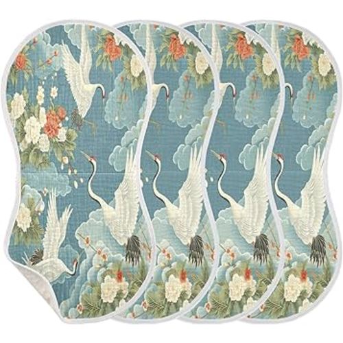 Kigai Japanese Art Style White Crane Baby Burp Cloths- Burping Cloths for Baby Boys Girls and Newborn Towel,Large Absorbent Burp Cloths 4PCS