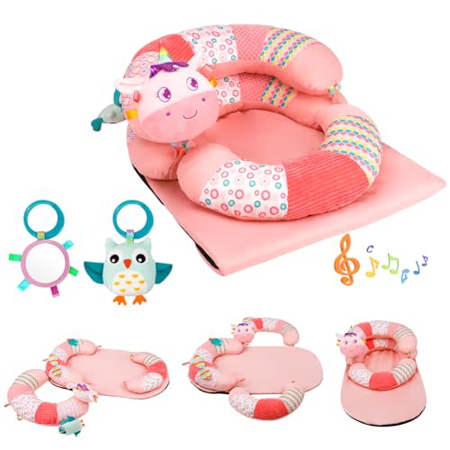 Blublu Park 3-in-1 Tummy Time Pillow and Seated Support Playmat with Detachable Early Sensory Toys for Infant, Sitting Support to Prevent Reflux, Portable Gifts for Newborn Boys and Girls (Rose)