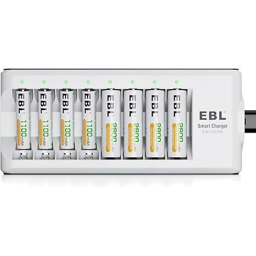 EBL Rechargeable Batteries with Charger, 1.2V NiMH AA Batteries 2800mAh 4Counts & AAA Batteries 1100mAh 4Counts with 8-Bay Smart Battery Charger