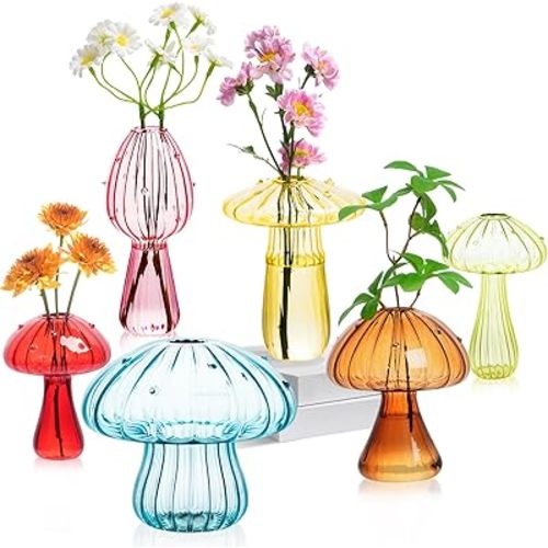 Mushroom Vase, Set of 6 Colored Flower Vase, Propagation Stations Vases, Small Bud Vases Home Decor Cute Glass Mushroom Planter for Room Office Decoration (Colorful)