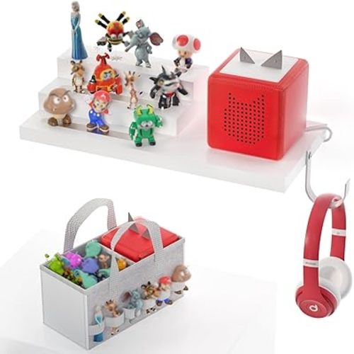 for Tonie Shelf Magnetic - Wooden Tonies Organizer with Carrying Bag, 3 Tiered Magnetic Display Shelf for Toniebox Holder, Wall Mount/Countertop Use Tonies Toy Storage for Kids Room/Playroom (White)