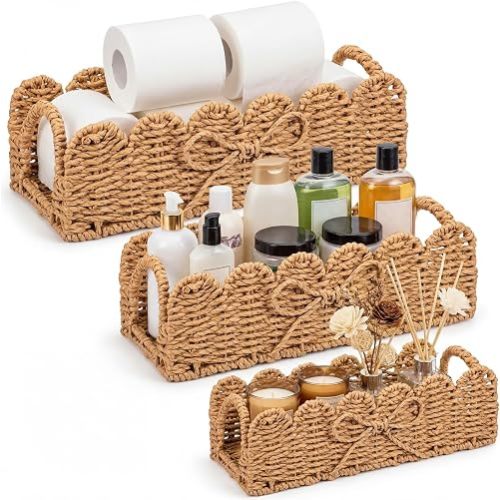 3 Pcs Scalloped Toilet Paper Basket Back of Wicker Basket, Neutral