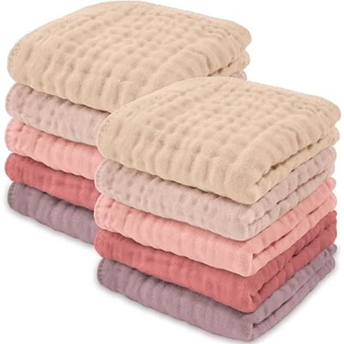 Comfy Cubs Muslin Baby Washcloths 10 Pack - Soft 6-Layer Cotton Wash Cloths for Sensitive Skin - 10"x10" Large, Gentle, Absorbent Infant Essentials for Newborn and Toddlers - (Multi Girl)