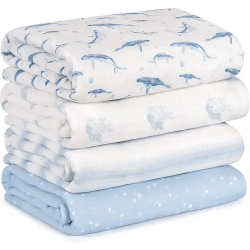 Muslin Swaddle Blankets for Newborn, 4 Pack Cotton Baby Blankets for Boys, Large 31.5 x 43.3 Breathable Soft Receiving Blanket, Essentials Swaddle Wrap Burping Clothes, Blue Whale