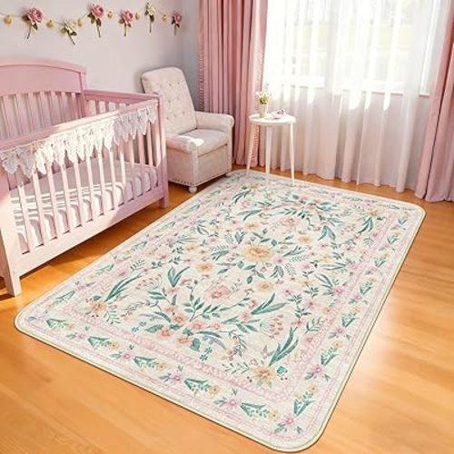 Pink Boho Rug 5x8 with Rounded Corners – Washable Floral Pastel Non-Slip Area Rug for Nursery, Girls Bedroom, Kids Room, Living Room, Playroom, Dorm Decor