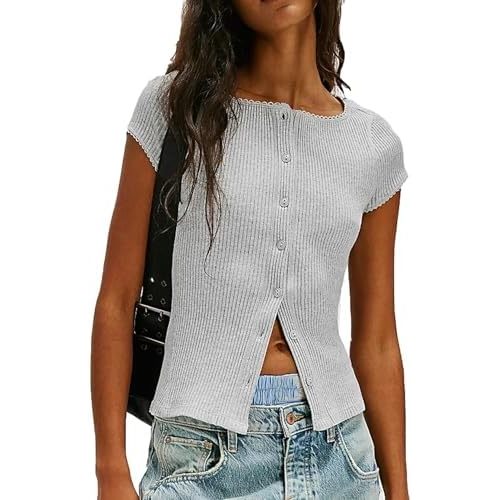 Womens Slim Fitted Shirts Short Sleeve Cardigan Button Down Blouses Y2k Ribbed Tops