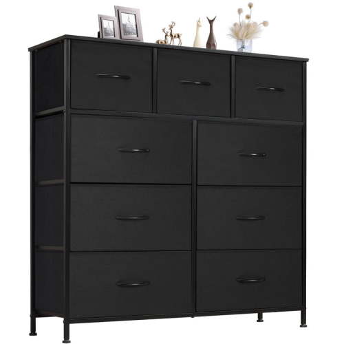JIOABL 9 Drawer Chest Organizer with Fabric Bins, Dresser for Bedroom, Tall Steel Frame, Black