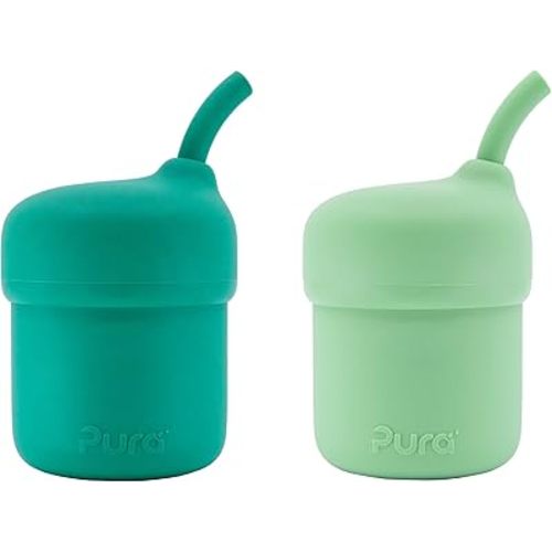 Pura my-my Silicone Straw Cup| Spill Proof, Reusable, Food Grade Silicone, Plastic-Free | For Kids, Toddlers, Babies & Infants - 2 Pack Mint & Moss