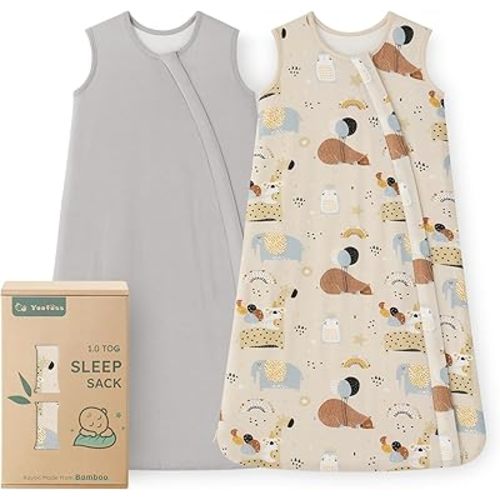 Yoofoss Rayon Made from Bamboo Baby Sleep Sack 0-6 Months TOG 0.5 Baby Wearable Blanket, Super Soft Infant Toddler Sleeping Sack 2-Way Zipper, Grey&Animals
