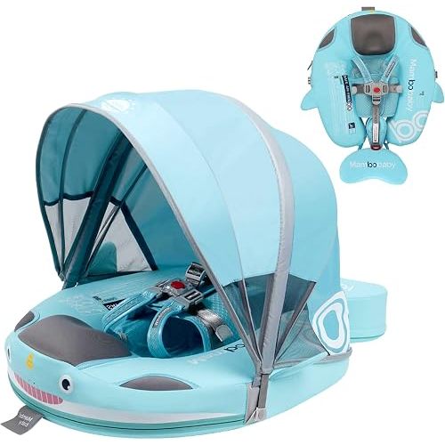 Non-Inflatable Mambobaby Float with Canopy, UV-Protective Baby Swimming Float with Safety Buckle, Anti-Flip Tail Swim Trainer Infant Pool Floats (O04NGreen-O04NGCTRURBKMH01O04)