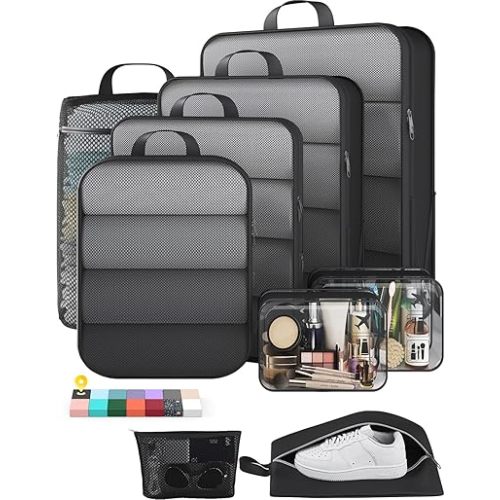 Veken 9/11 Set Compression Packing Cubes for Travel Essentials,Compressible Expandable Large Luggage Suitcase Organizer Bags for Clothing,Durable Space Saver Storage Bags with Toiletry Bags(Black)