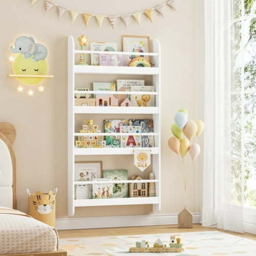 Homfa 4-Tier Wall Bookshelf, 44.5"H Wall-Mounted Kids Bookshelf, Book Storage Rack for Kids Room, White - Walmart.ca