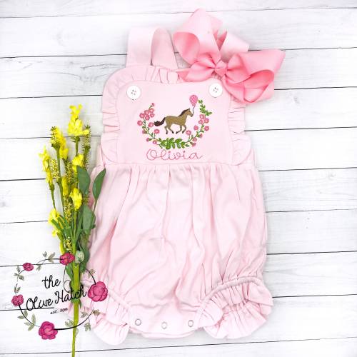 Embroidered Horse Sunsuit, Monogrammed Equestrian Outfit, Derby Bubble, Personalized, Custom, Baby