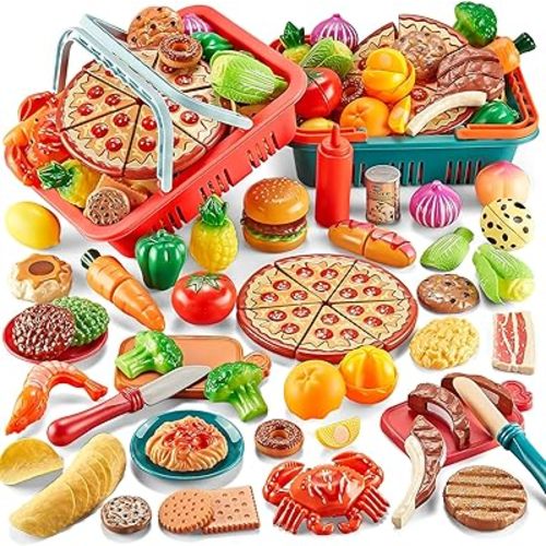 Play Food Sets for Kids Kitchen-Pretend Food with 2 Picnic Basket