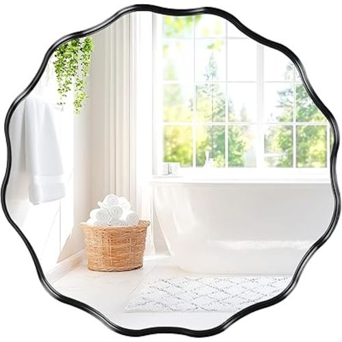 Fabuady Black Round Wavy Edge Mirror - 30'' Circle Wall Mirror with Metal Frame, Decorative Hanging/Leaning Mirror for Bathroom, Bedroom, Living Room, Hallway, Entryway, Office, Home Decor
