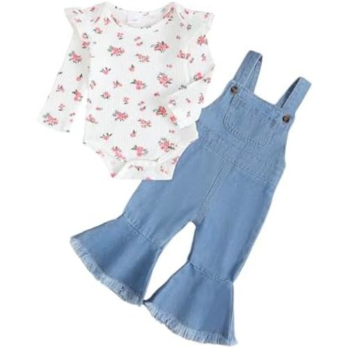 SUNNY PIGGY Baby Girl Newborn Clothes Infant Toddler Outfits Flare Jeans Overall Pant Set Fall Winter 0-4T