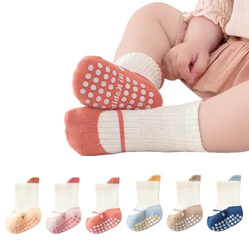 BEHELE Baby Toddler Non-Skid Crew Socks Non Slip Socks Girl Boy Newborn Infant First Walking Floor Socks 6 Pairs