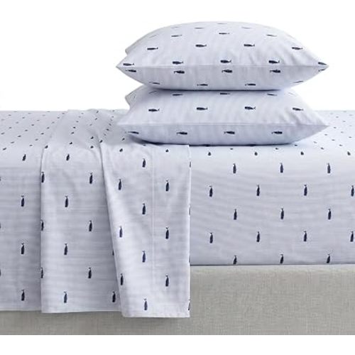 Nautica - Full Size Sheet Set, Crisp Cotton Percale Bedding with Matching Pillowcases, Fully Elastic Fitted Sheet, Deep Pocket, Nautical Room Decor, Breathable All-Season Comfort (Whale Stripe Blue)