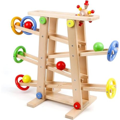 Wooden Wooden Race Track Toddler Toys for 1-3, Wood Car Ramp Racer Toy Vehicle Set with 4 Balls & 5 Race Tracks, Great Educational Montessori Toys for Kids Boys Girls