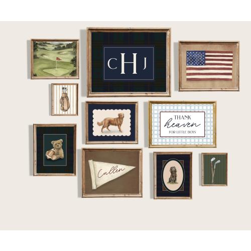 Americana Nursery Wall Art Set of 10 Digital Vintage Americana Boy Personalized Name Print Teddy Bear Art Upscale Boy Room Decor Blue Plaid