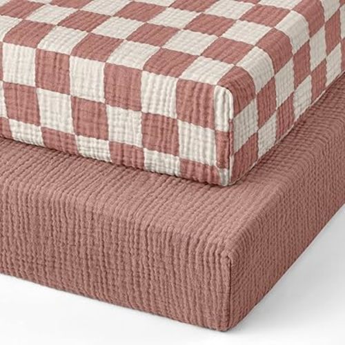 Blissful Diary Muslin Mini Crib Sheets, Pack and Play Mattress Sheets Fitted for Pack N Play, Soft Cotton for Boys Girls, 2 Pack(Dusty Pink Checkboard & Dusty Pink)
