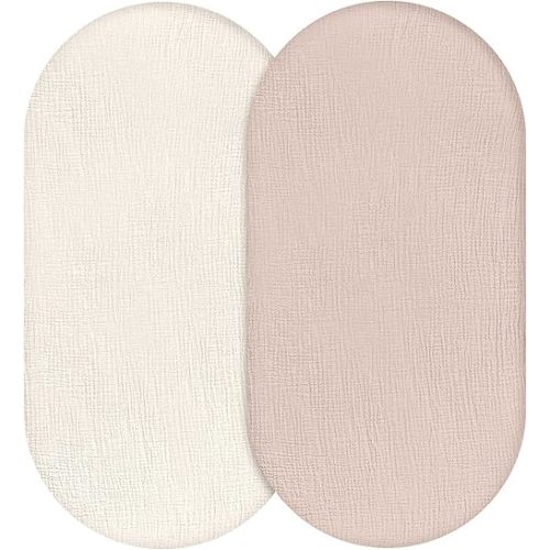 Muslin Bassinet Fitted Sheets, 2 Pack for Baby Boy and Girl, Soft Breathable Stretchy Baby Pad/Mattress Sheet Set, Universal Fit for Hourglass Oval and Rectangle Bassinet Mattress (Gentle Colors)