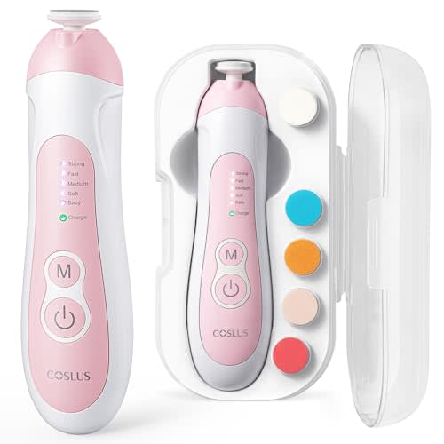 COSLUS C52 Baby Electric Nail File Trimmer, CPC Certified and Quiet Design | Cordless Baby Nail Clipper with 5 Speeds & 6 Grinding Heads for Newborn Infant Toddler, LED Light, Safe Sleep Buffer, Pink