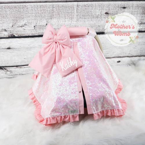 Pink & Iridescent Sparkle Baby Girl Car Seat Cover Canopy - Personalized Bow Embroidery - Newborn Gift - Baby Car Seat Accessories