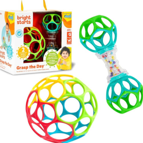 Bright Starts Easy-Grasp Oball Bundle Gift Set - Grasp The Day, Ball and Rattle Toys 2-Pack, BPA Free, Unisex, Newborn+