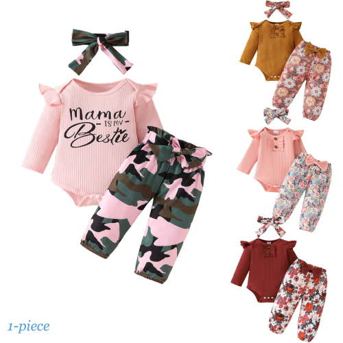 Bellafa Newborn Infant Girl Clothes Rib Knit Romper Camo Print Pants Headband Baby Outfits for Girls 0 3 6 12 18 Months
