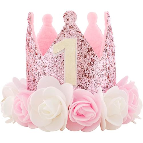Kbrand Hat First Birthday 1st For Baby Girl Decoration Gifts Rose Gold Baby Pink Party Crown One Year Old Flowers Princess Pink 3inch