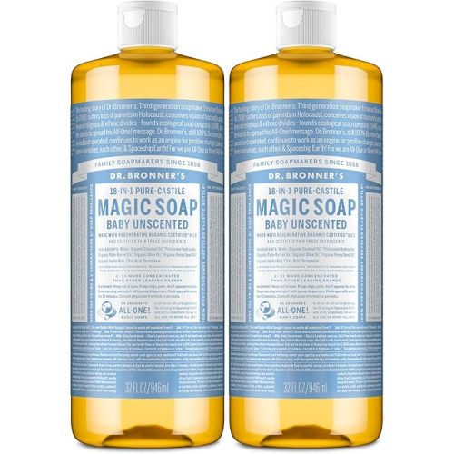 Dr. Bronner's Magic Soap-Pure-Castile Liquid Soap (Baby Unscented, 32 ounce, 2-Pack)-Regenerative Organic Certified Oils, 18-in-1 Uses: Body, Laundry & Dishes, For Sensitive Skin, No Fragrance
