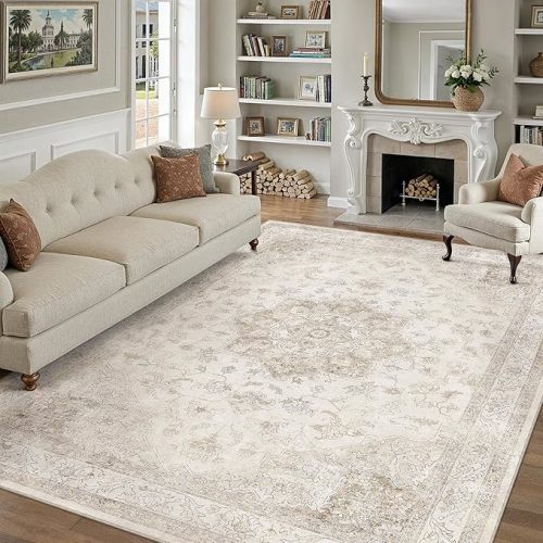 Beige Area Rug 8x10 Washable Vintage Carpet for Living Room Bedroom Large Soft Retro Low Pile Thin Indoor Rug Non Slip Oriental Medallion Floor Cover for Dining Room Office