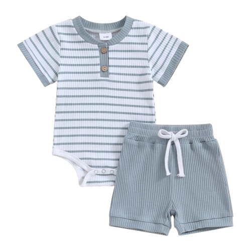 Hirigin Newborn Baby Boy Girl Clothes Set Ribbed Short Sleeve Striped Romper Top and Shorts 3 6 9 12 18 Months Casual Summer Outfits