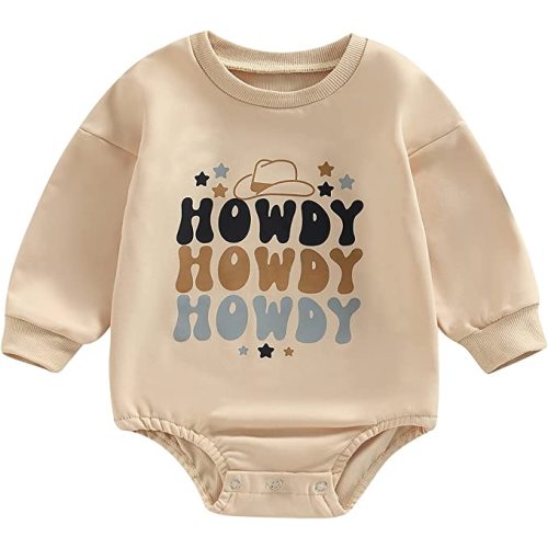 Baby Girl Boy Western Outfit Cow Print Crewneck Romper Sweatshirt Oversized Bodysuit Sweater Tops Fall Winter Clothes - Beige Style 1 - 6-12 Months