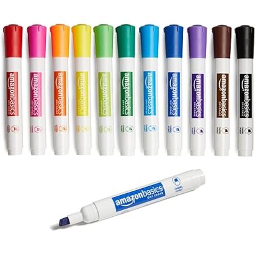 Amazon Basics Dry Erase Markers For Whiteboards, Chisel Tip, Low-Odor, Assorted Colors, Pack of 12