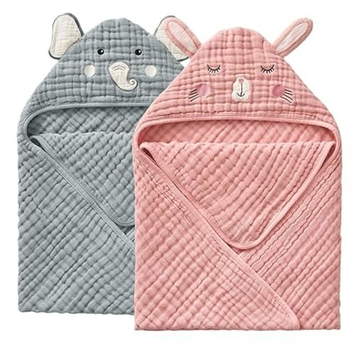 Blissful Diary Muslin Baby Hooded Towel 2 Pack, Soft & Absorbent Bath Towel for Infant, Toddler, Unisex, Baby Gift, Newborn Essentials, Wise Elephant & Sweet Bunny