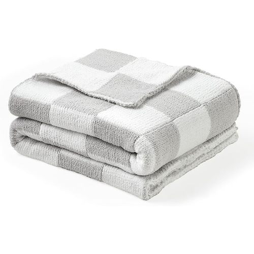 CREVENT 30"X40" Cozy Soft Warm Chenille Baby Blanket for Girls Boys, Newborn Essentials for Infant, Baby Shower Receiving Gift - Checked Grey 75X100cm