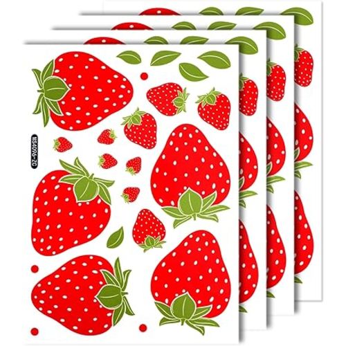 4 Sheets / 92pcs Strawberry Wall Decals, Removable Cute Fruit Wall Stickers for Girls Bedroom Dorm Dining Room Kitchen Bathroom Waterproof Decor