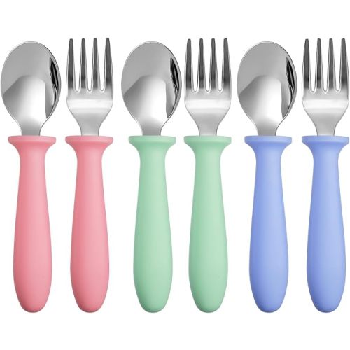 6 Pieces Toddler Utensils Forks and Spoons,Kids Silverware Set with Plastic Handle Stainless Steel Toddler Silverware,Dishwasher Safe