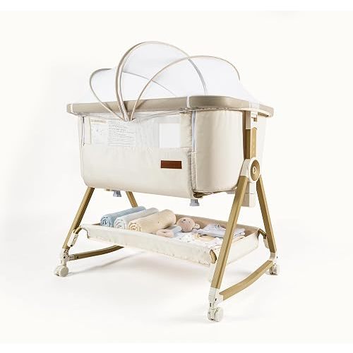 Maydolly 3-in-1 Baby Bassinet Bedside Crib, 6-Height Adjustable Bedside Sleeper with Airflow Mesh, Storage Basket & Lockable Castors, Upgraded Trapezoidal Cradle for Newborns(Beige)