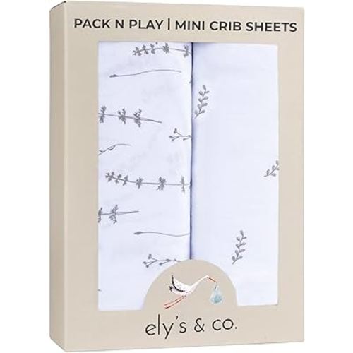 Ely’s & Co. Pack and Play Sheets, for Mini/Portable Crib, 2 Pack Fitted Playpen Play Yard Sheet Set Compatible with Graco Pack n Play, for Baby Boys/Girls, 100% Cotton, Forest Grey Floral, 38”x24”x5”