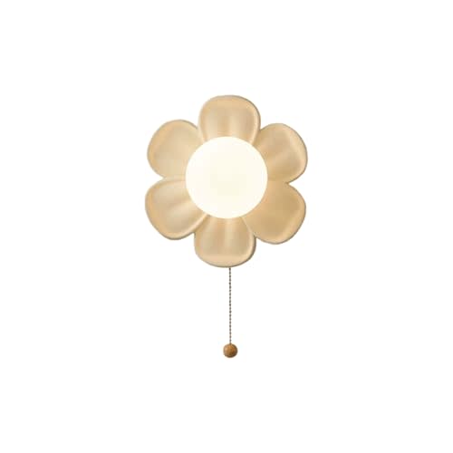 Modern Nordic Flower Wall Sconce, G9 Light Fixture with Resin Petal Design & Translucent PE Shade, Cute Charming Pull-Chain Decorative Ambient Lamp for Kids Room, Nursery, Girls Bedroom(Cream)