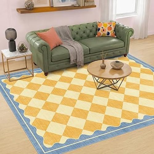 5x7 Area Rugs for Living Room, Washable Checkered Rug Yellow Blue
