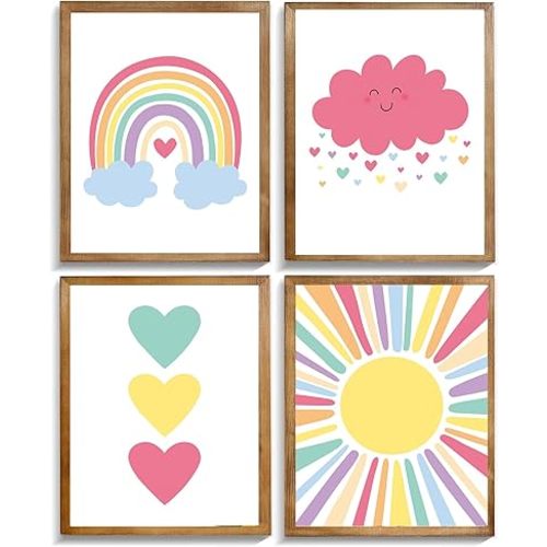 Pink Nursery Canvas Wall Art Rainbow Art Poster,Boho Rainbow Sun Hearts Canvas Wall Art,Kids Bedroom Baby Girls Toddler Pastel Wall Print for Classroom School Nursery Decor Set of 4(8x10Unframed
