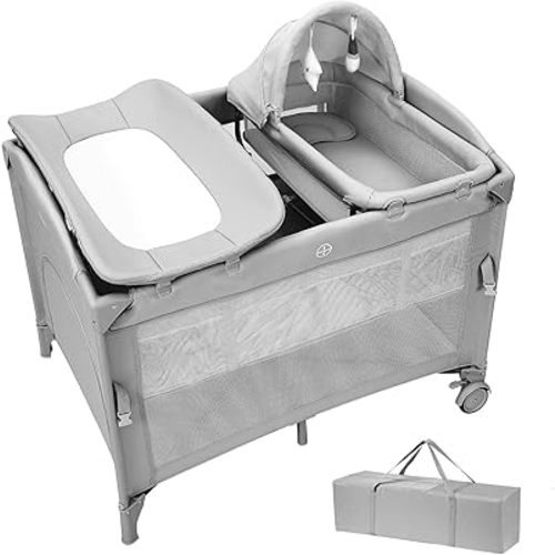 GarveeHome 4-in-1 Pack and Play Bedside Sleeper with Bassinet, Diaper Changer & Hanging Toy, Portable Crib Nursery Center for Newborns to Toddlers, Grey