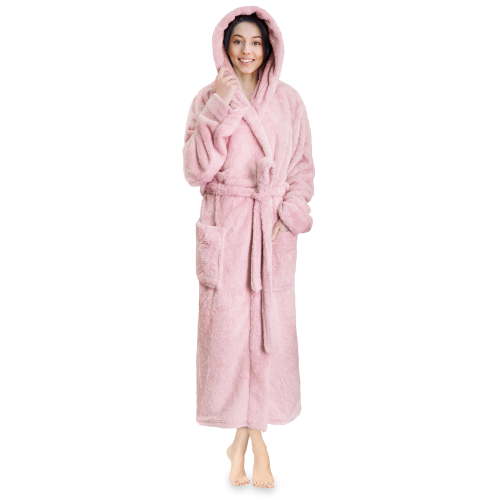 PAVILIA Women Hooded Plush Soft Robe | Fluffy Warm Fleece Sherpa Shaggy Bathrobe (L/XL, Light Pink)