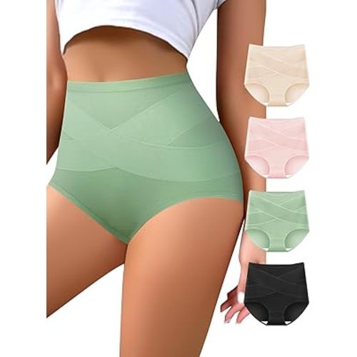 Women's High Waisted Underwear Slightly Tummy Control Cotton Panties Full Coverage Postpartum Briefs 4 Pack